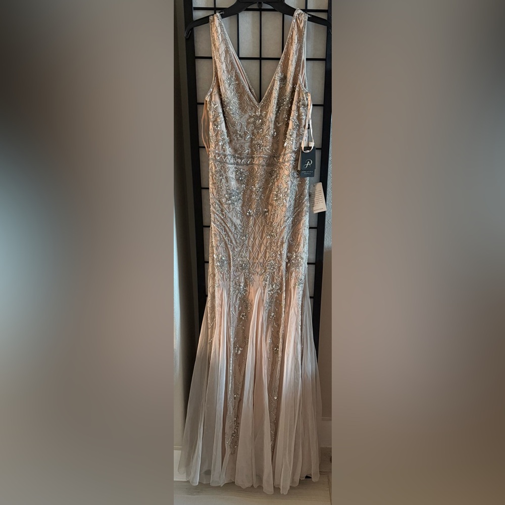 Adrianna Papell Silver Nude Beaded Gown New w/Tags